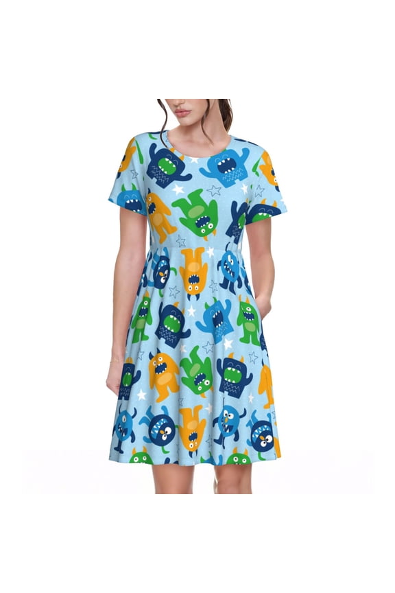 Cartoon Monster for Womens Summer 2025 Casual Midi Maxi Dresses Lightweight Short Sleeve Round Neck Beach Dress -XX-Large