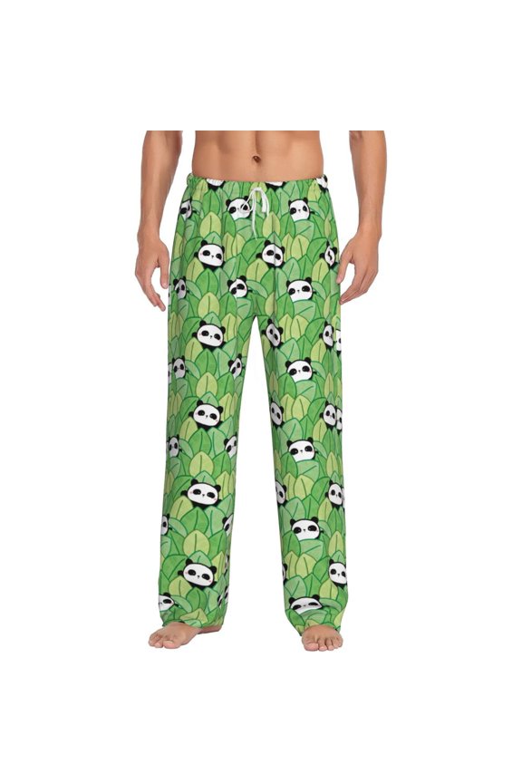 Cartoon Panda And Leaf 1 Print Mens Pajama Pants Sleep & Lounge Pants, PJ Bottoms With elastic waistb and Pockets