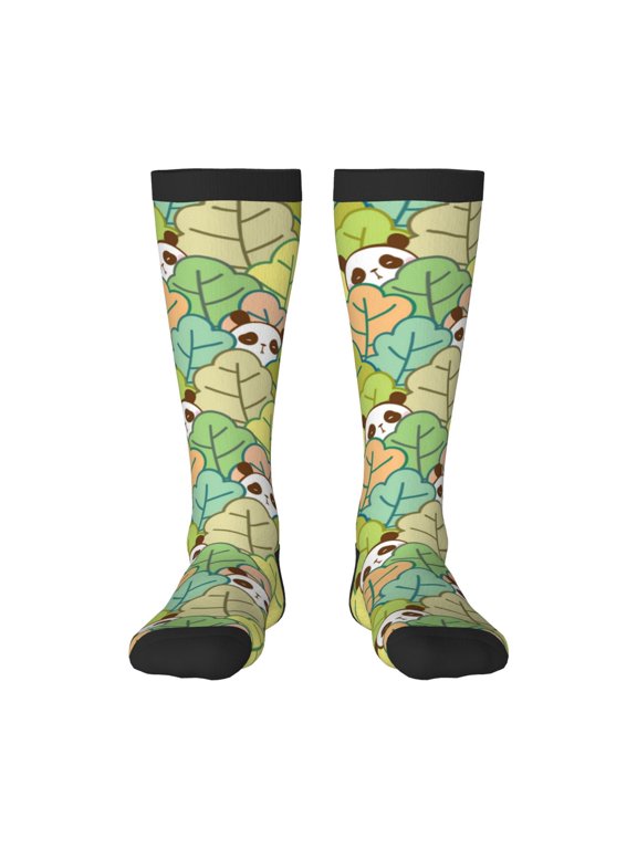 Cartoon Panda And Leaf Print Thigh High Socks Extra Long Stretchy Sock Women Over Knee High Opaque Stocking Daily Wear