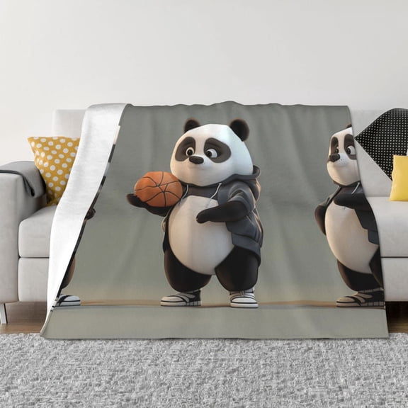 Vsdgher Cartoon Pandas Basketball Pattern Fleece Throw Blanket, Horizontal Fleece Bedding Home Decor for Couch & Bed All Season Use -80"x60"