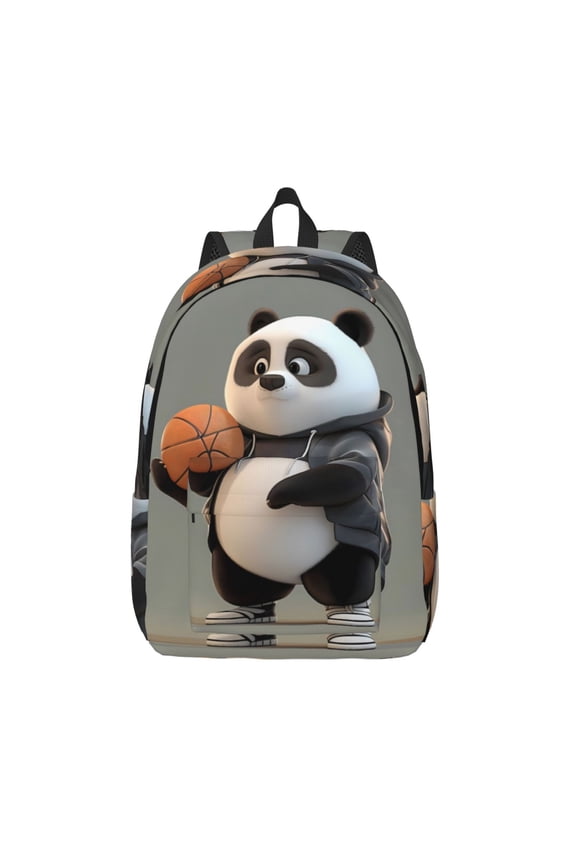 Cartoon Pandas Basketball Print Canvas Backpack Travel Rucksack Unisex Knapsack 15.7/17.7Inch Laptop Backpack for Work,College -Medium