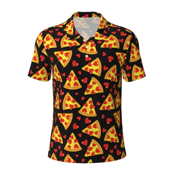 Vsdgher Cartoon Pizza Print Men's Short Sleeve Stretch Polo Shirt, Moisture-Wicking Performance Polo Shirt