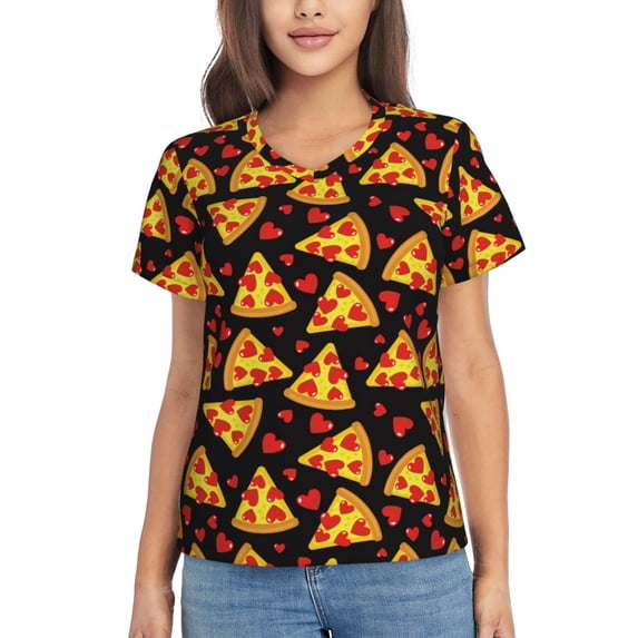 Vsdgher Cartoon Pizza Women Shirts V Neck Short Sleeve Tops T-Shirt Basic Tees, S to 3XL3X-Large