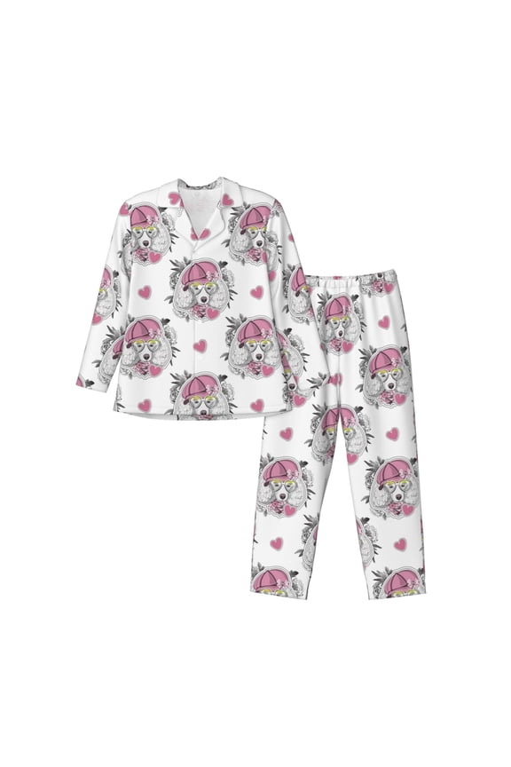 Cartoon Poodle Dog Mens Pajama Set, Soft Warm Long Sleeve Sleepwear, Cozy Button-Down Pjs for Men-Medium