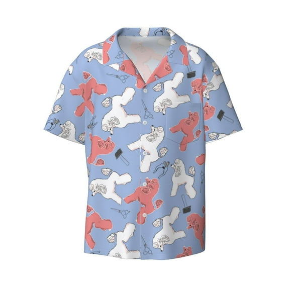 Vsdgher Cartoon Poodle Dog Print Men's Wrinkle Free Untucked Cuban Shirt Business Casual Button Down Shirts Short Sleeve Shirt