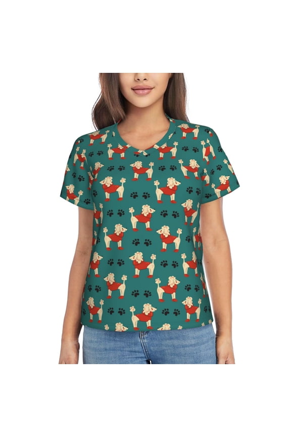 Cartoon Poodle Dog Women Shirts V Neck Short Sleeve Tops T-Shirt Basic Tees, S to 3XLSmall