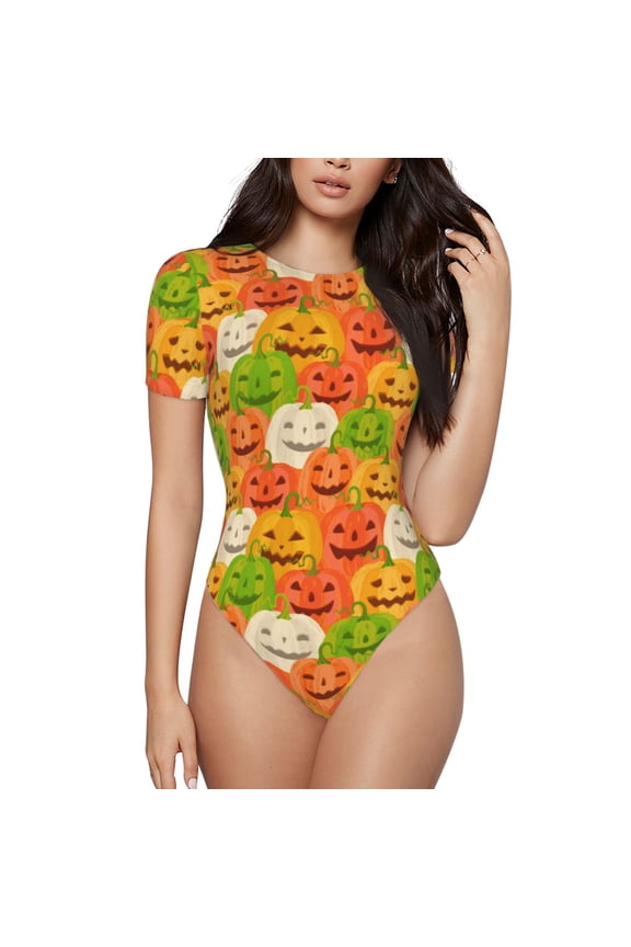 Cartoon Pumpkins Prinr Short Sleeve Body suit for Womens, Sexy Onesie One Piece Round Neck Bodysuit Shapewear Tummy Control-X-Large