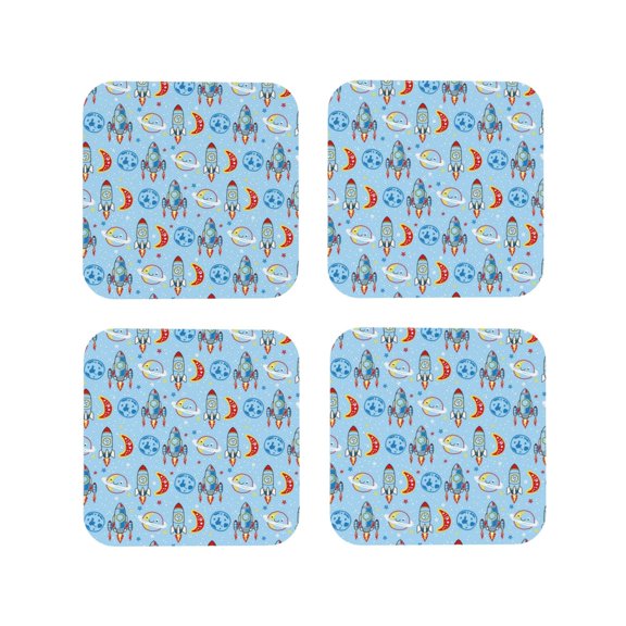 Vsdgher Cartoon Rocket With Space Leather Coasters for Drinks, Durable Drink Coasters 4 Set for Tabletop Protection, Luxurious Home Décor and Housewarming Gift ( {designName})Square