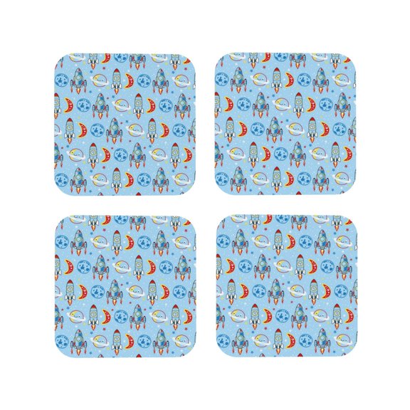 Vsdgher Cartoon Rocket With Space Leather Coasters for Drinks, Durable Drink Coasters 4 Set for Tabletop Protection, Luxurious Home Décor and Housewarming Gift ( {designName})Square