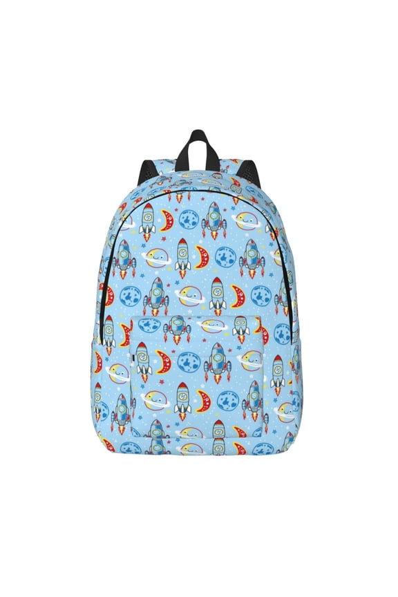 Cartoon Rocket With Space Print Canvas Backpack Travel Rucksack Unisex Knapsack 15.7/17.7Inch Laptop Backpack for Work,College -Small