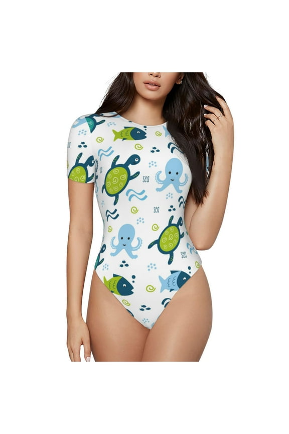Cartoon Sea Creatures Prinr Short Sleeve Body suit for Womens, Sexy Onesie One Piece Round Neck Bodysuit Shapewear Tummy Control-Medium