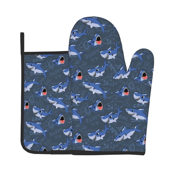 Vsdgher Cartoon Shark Oven Mitts and Pot Holders 2 pcs Set,High Heat Resistant Kitchen Oven Glove for Baking and Cooking