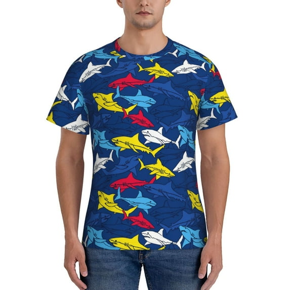Vsdgher Cartoon Shark Print Men's Dry Fit Mesh Athletic Shirts Moisture Wicking Tennis T-Shirt Tops