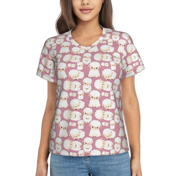 Vsdgher Cartoon Sheep Women Shirts V Neck Short Sleeve Tops T-Shirt Basic Tees, S to 3XLMedium