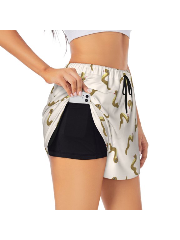 Cartoon Snake Print Women's Running Double Layer Shorts High Waisted with Pockets Elastic Yoga Workout Athletic Gym Sports