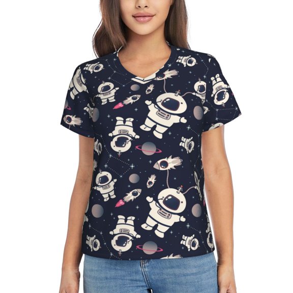Vsdgher Cartoon Spaceship Women Shirts V Neck Short Sleeve Tops T-Shirt Basic Tees, S to 3XLSmall