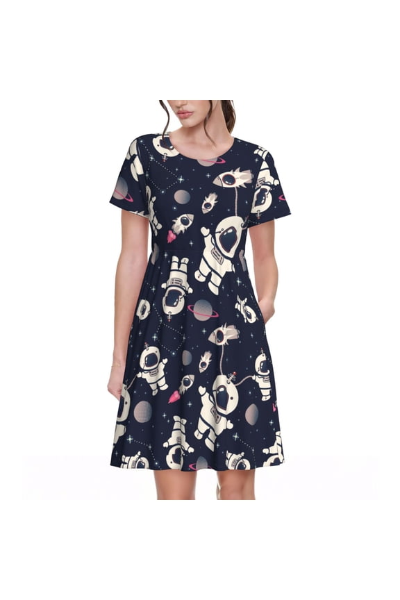 Cartoon Spaceship for Womens Summer 2025 Casual Midi Maxi Dresses Lightweight Short Sleeve Round Neck Beach Dress -Medium