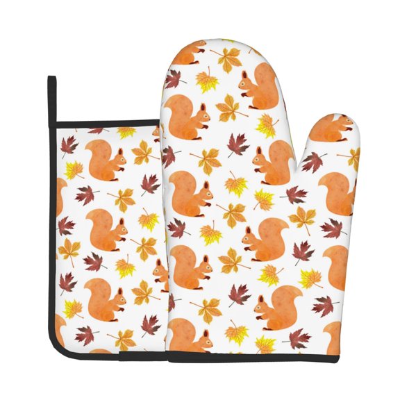 Vsdgher Cartoon Squirrel Oven Mitts and Pot Holders 2 pcs Set,High Heat Resistant Kitchen Oven Glove for Baking and Cooking