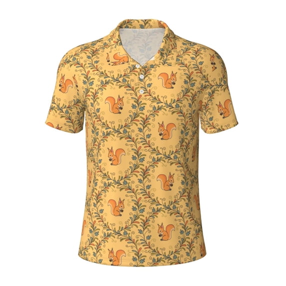 Vsdgher Cartoon Squirrel Print Men's Short Sleeve Stretch Polo Shirt, Moisture-Wicking Performance Polo Shirt