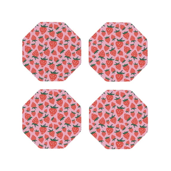 Vsdgher Cartoon Strawberry Leather Coasters for Drinks, Durable Drink Coasters 4 Set for Tabletop Protection, Luxurious Home Décor and Housewarming Gift ( {designName})Octagon