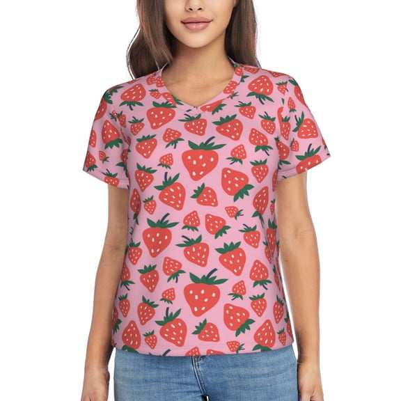 Vsdgher Cartoon Strawberry Women Shirts V Neck Short Sleeve Tops T-Shirt Basic Tees, S to 3XLSmall