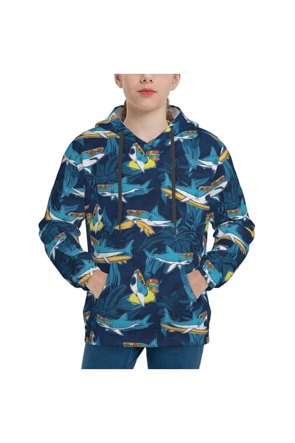 Cartoon Surfer Sharks Hoodie Youth Classic Hooded Pullover Sweatshirts Essentials Hoodie for Children (s-xl)-X-Large