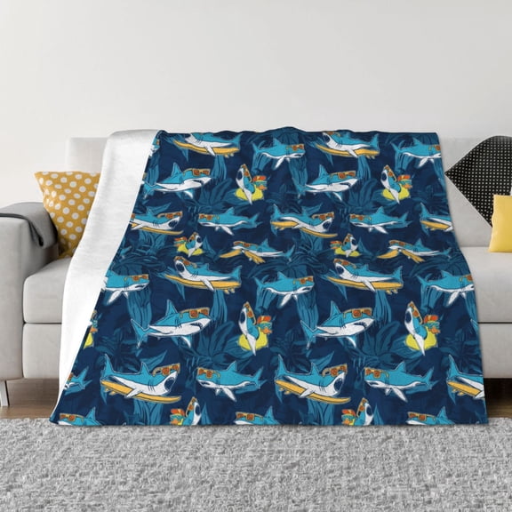 Vsdgher Cartoon Surfer Sharks Pattern Fleece Throw Blanket, Horizontal Fleece Bedding Home Decor for Couch & Bed All Season Use -60"x50"