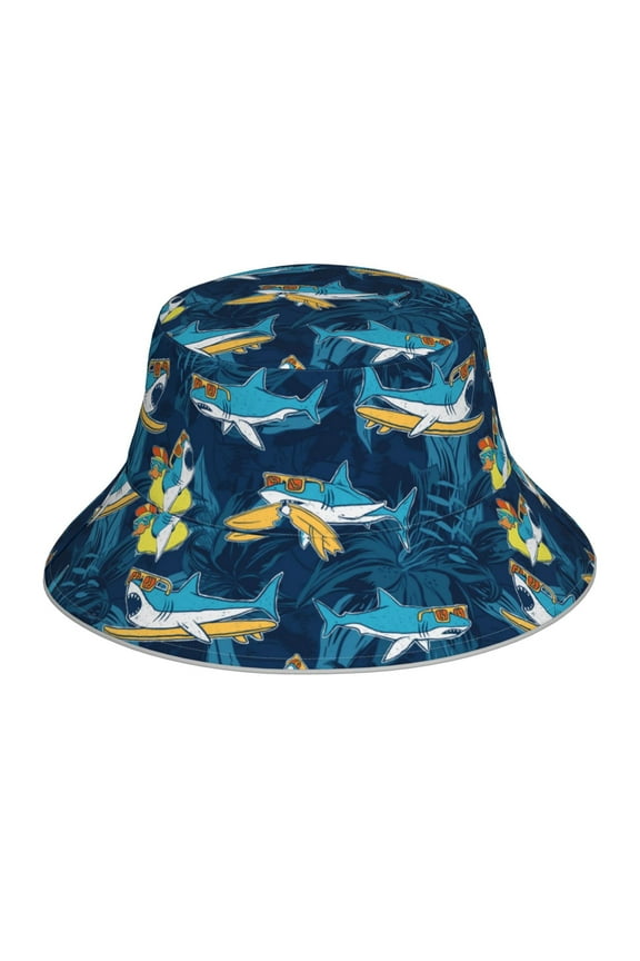 Cartoon Surfer Sharks Print Bucket Hat for Men&Women Bucket Hat Reversible Summer Double-Side-Wear Travel Gardening, Beach, Camping, Hiking, Fishing Cap