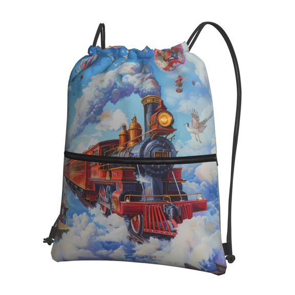 Vsdgher Cartoon Train Hot Air Balloon Drawstring Backpack Water Resistant String Bag Sports Sackpack Gym Sack for Men Women