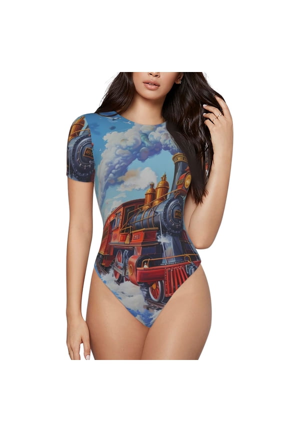Cartoon Train Hot Air Balloon Prinr Short Sleeve Body suit for Womens, Sexy Onesie One Piece Round Neck Bodysuit Shapewear Tummy Control-XX-Large