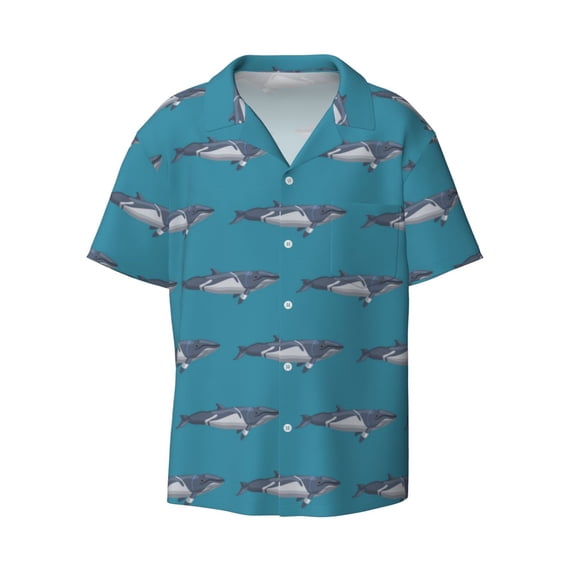 Vsdgher Cartoon Whale Print Men's Wrinkle Free Untucked Cuban Shirt Business Casual Button Down Shirts Short Sleeve Shirt
