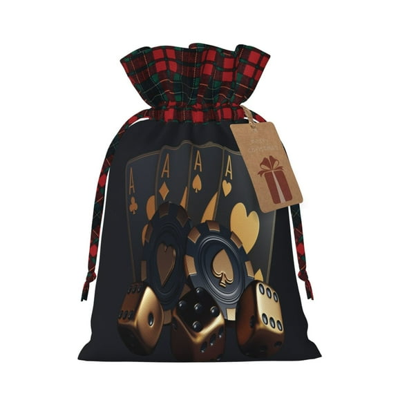 Vsdgher Casino Cards Poker Christmas Drawstring Bags Xmas Burlap Bags Pouches Xmas Elements Wrapping Bags for Candy Goody Birthday Wedding-Black