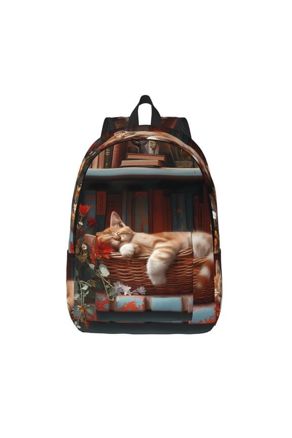 Cat Asleep Among Flowers Print Canvas Backpack Travel Rucksack Unisex Knapsack 15.7/17.7Inch Laptop Backpack for Work,College -Small