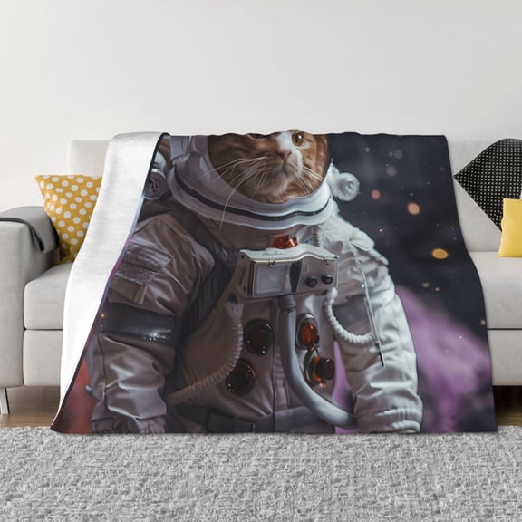 Vsdgher Cat Astronaut In Space Pattern Fleece Throw Blanket, Horizontal Fleece Bedding Home Decor for Couch & Bed All Season Use -80"x60"