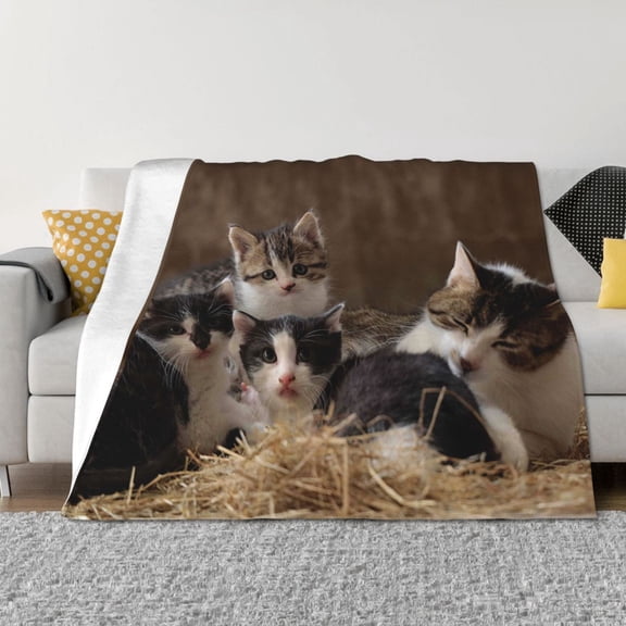 Vsdgher Cat Family Pattern Fleece Throw Blanket, Horizontal Fleece Bedding Home Decor for Couch & Bed All Season Use -80"x60"
