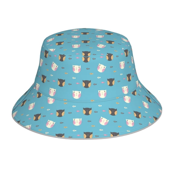 Vsdgher Cat Fish Print Bucket Hat for Men&Women Bucket Hat Reversible Summer Double-Side-Wear Travel Gardening, Beach, Camping, Hiking, Fishing Cap