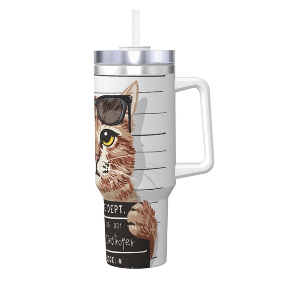 Vsdgher Cat Holding Mugshot Sign Pattern 40 oz Tumbler with Handle and Straw Lid | Insulated Cup Reusable Stainless Steel Water Bottle Travel Mug | Gifts for Women Men Him Her