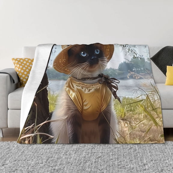 Vsdgher Cat In Sun Hat Pattern Fleece Throw Blanket, Horizontal Fleece Bedding Home Decor for Couch & Bed All Season Use -60"x50"