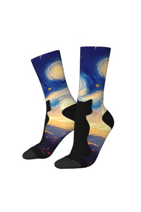 Cat Under Starry Skies Crew Socks for Men & Women, Breathable Casual Athletic Ankle Socks