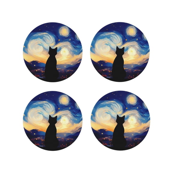 Vsdgher Cat Under Starry Skies Leather Coasters for Drinks, Durable Drink Coasters 4 Set for Tabletop Protection, Luxurious Home Décor and Housewarming Gift-Round Shape