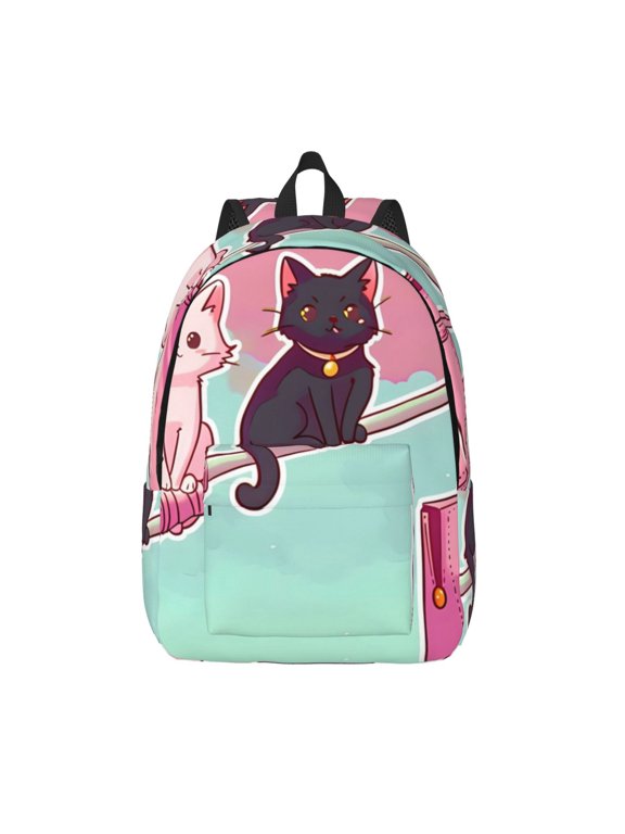 Cats On Broomstick Print Canvas Backpack Travel Rucksack Unisex Knapsack 15.7/17.7Inch Laptop Backpack for Work,College -Medium