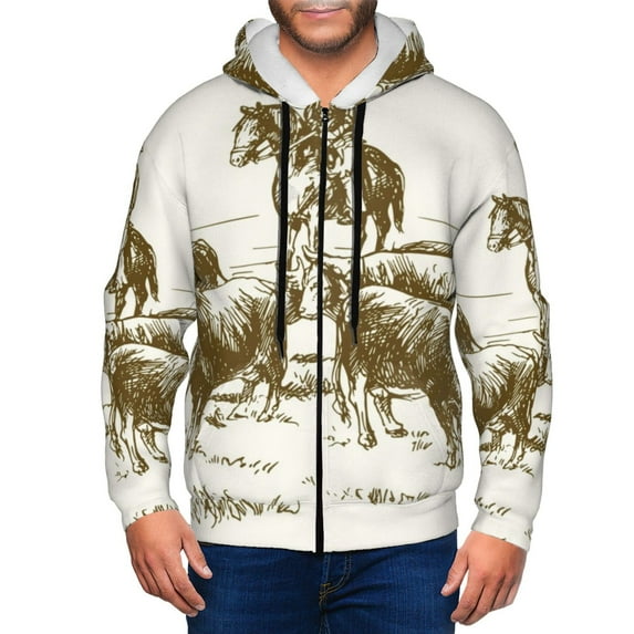Vsdgher Cattle Drive By Two Cowboys Mens Hoodies Zip Hoodie, Hoodies for Men, Zip-up Hooded Sweatshirt-Small