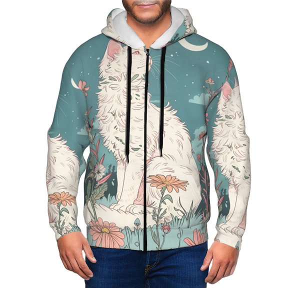 Vsdgher Celestial Cat And Flowers Mens Hoodies Zip Hoodie, Hoodies for Men, Zip-up Hooded Sweatshirt-Large
