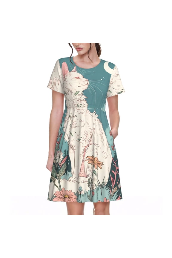 Celestial Cat And Flowers for Womens Summer 2025 Casual Midi Maxi Dresses Lightweight Short Sleeve Round Neck Beach Dress -Medium