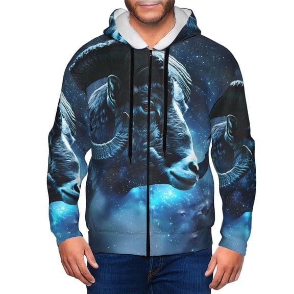 Vsdgher Celestial Ram Night Sky Mens Hoodies Zip Hoodie, Hoodies for Men, Zip-up Hooded Sweatshirt-X-Large