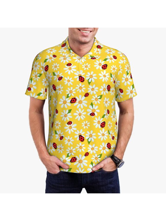Chamomile And Ladybug Polo Shirts for Men, Men's Short Sleeve Stretch Polo Shirt, Shirts for Men-XX-Large