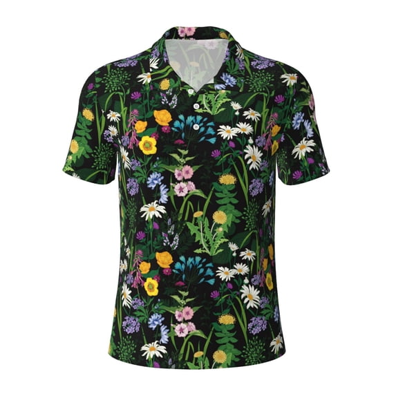 Vsdgher Chamomile Print Men's Short Sleeve Stretch Polo Shirt, Moisture-Wicking Performance Polo Shirt