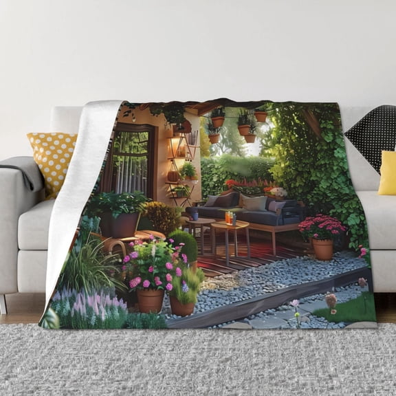 Vsdgher Charming Garden Patio Pattern Fleece Throw Blanket, Horizontal Fleece Bedding Home Decor for Couch & Bed All Season Use -50"x40"