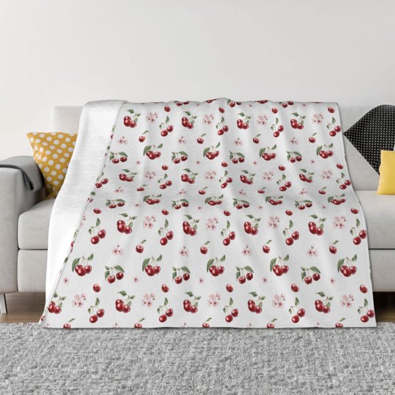 Vsdgher Cherry Berries Pattern Fleece Throw Blanket, Horizontal Fleece Bedding Home Decor for Couch & Bed All Season Use -80"x60"