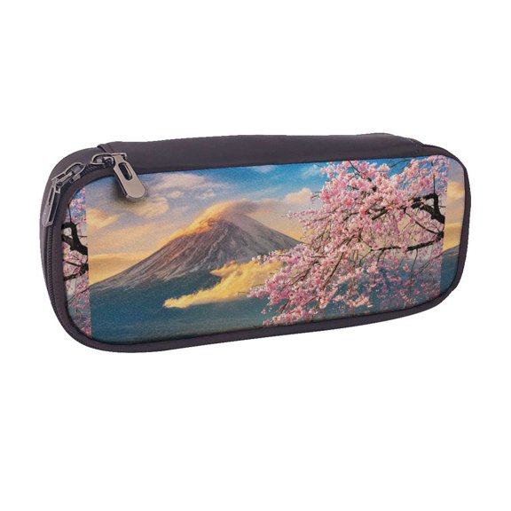 Vsdgher Cherry Blossoms Print Pen Case Leather Pencil Pouch Markers Holder Big Capacity Bag with Zippered Pocket for Stationery Tool
